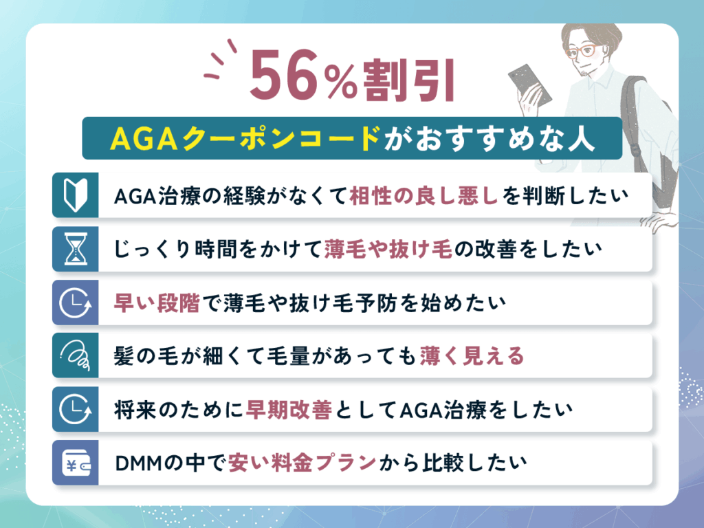 DMMオンラインクリニックで56%割引のAGAクーポンコードがおすすめな人