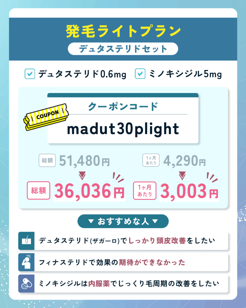 発毛ライトプラン（デュタステリドセット）のDMMオンラインクリニックAGAクーポンコード最新