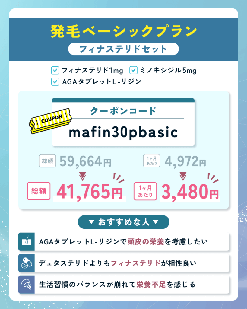 発毛ベーシックプラン（フィナステリドセット）のDMMオンラインクリニックAGAクーポンコード最新