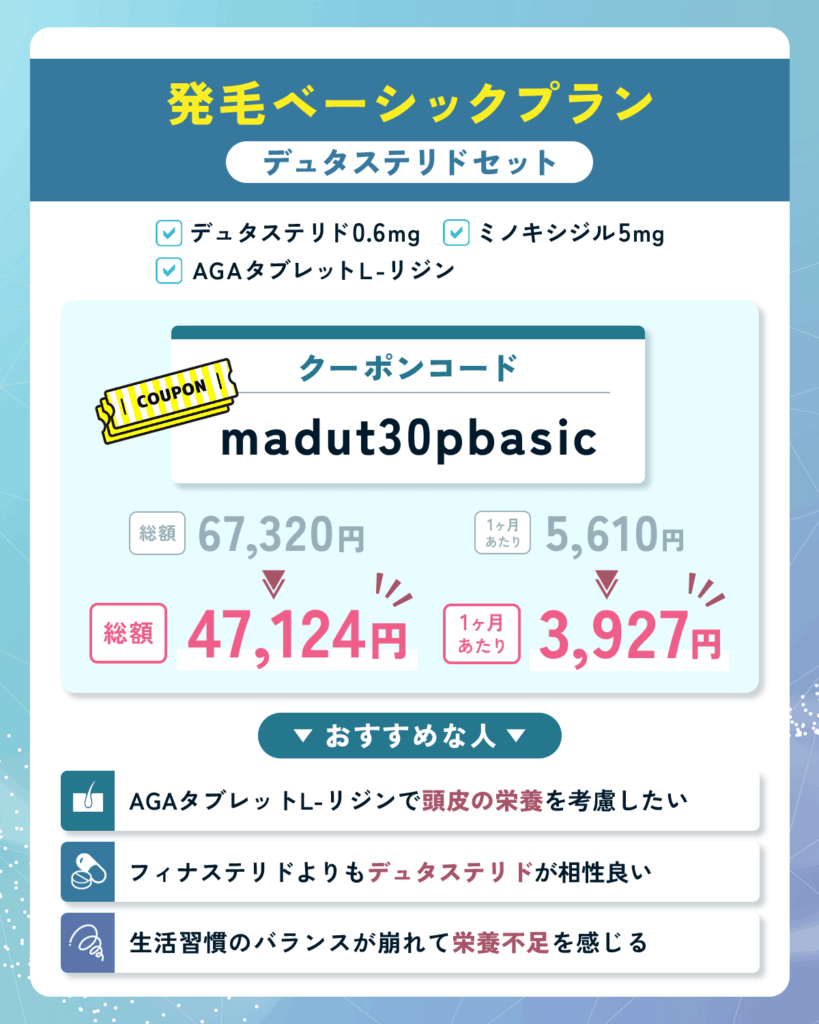 発毛ベーシックプラン（デュタステリドセット）のDMMオンラインクリニックAGAクーポンコード最新