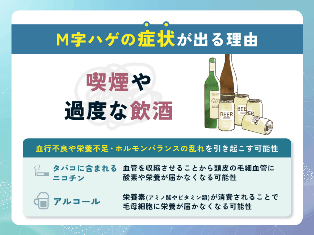 M字ハゲ(M字はげ)の症状が出る理由と生まれつきではない原因②:喫煙や過度な飲酒
